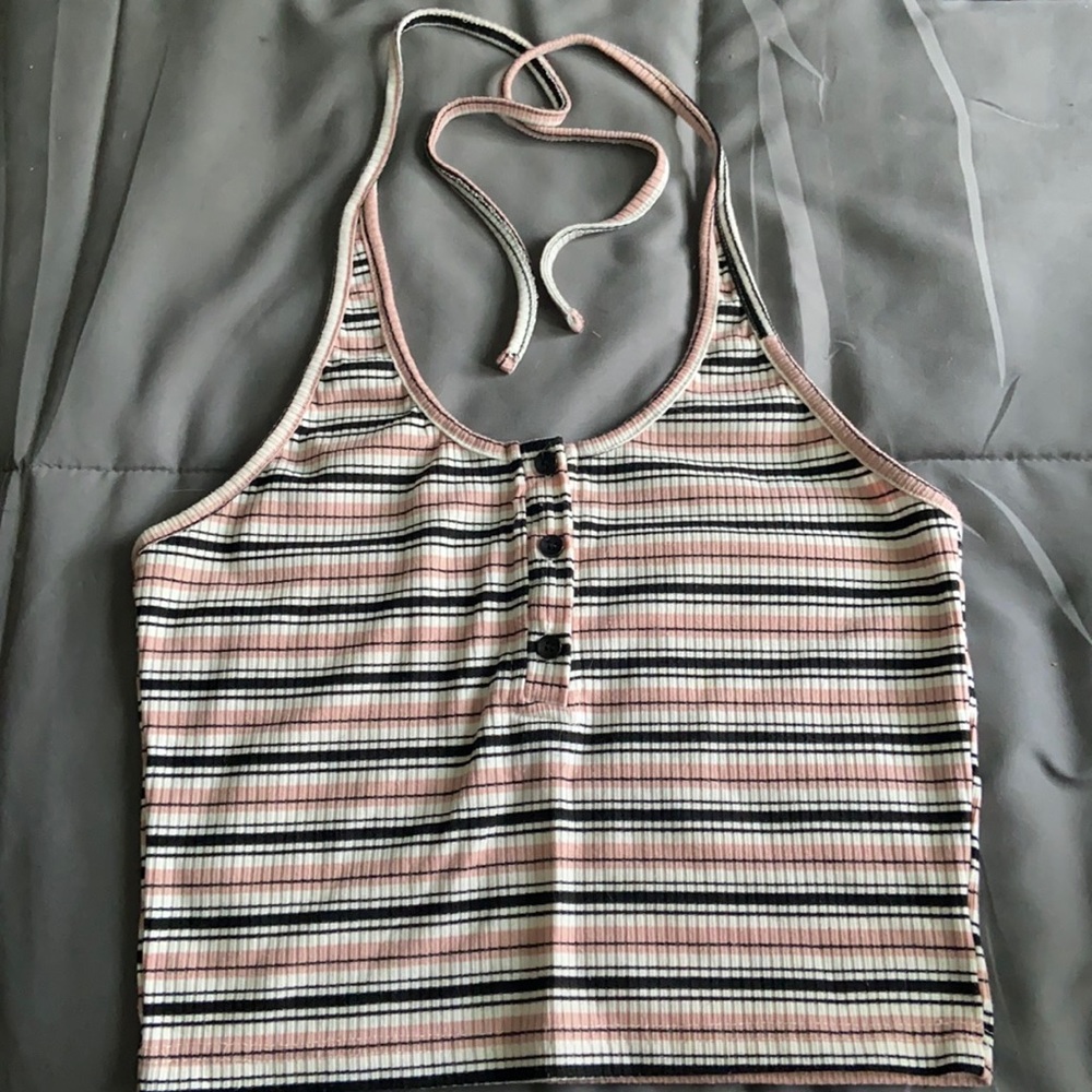 black/white/pink striped, halter crop top